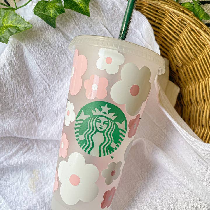 Lovely JEN's Designs - Wholesale Drinking Glass/Cup - Pink Retro Flowers Starbucks Cup2
