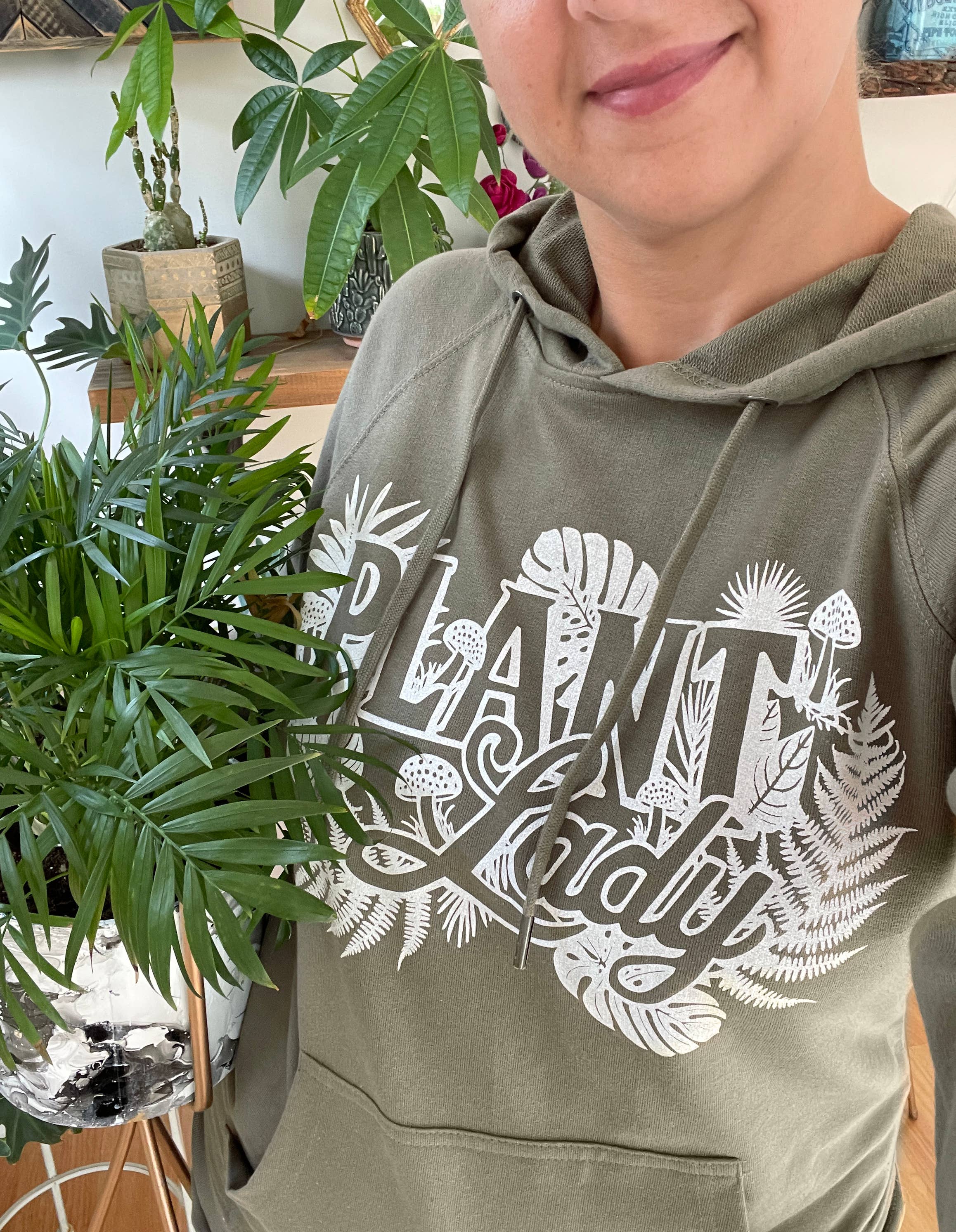 Mad Love Shop - Wholesale Hoodie - Women's - Unisex Sage Olive Terry Hoodie Sweatshirt with Plant Lady2