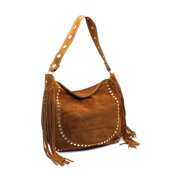 Sac souple en cuir suédé à franges pour la vente par Vimoda