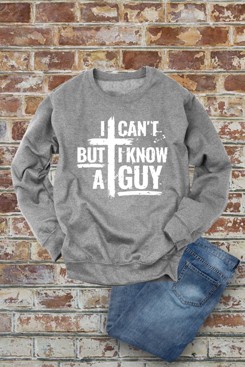 Top Avenue - Wholesale Graphic Sweatshirt - Women's - I Cant But I Know A Guy Distressed Cross, Unisex Crewneck Sweatshirt8