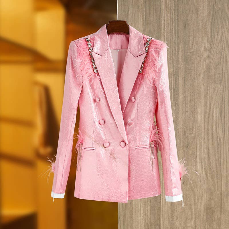 Roze BL078 Roze blazer met pailletten en veren voor dames voor groothandel op Faire