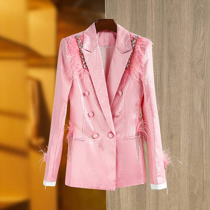 Roze BL078 Roze blazer met pailletten en veren voor dames voor groothandel op Faire0