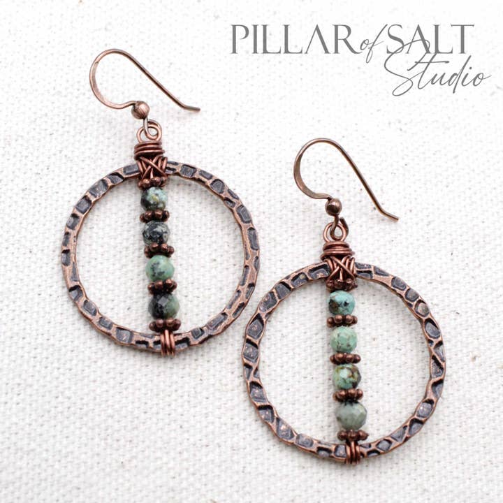 Copper Hammered Circle & African Turquoise Jasper Earrings for wholesale by Pillar of Salt Studio