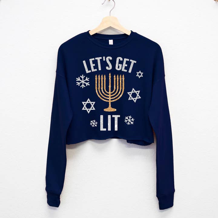 Let's Get Lit Cropped Hanukkah Sweater Gold & Silver Glitter for wholesale by Nobullwoman Apparel