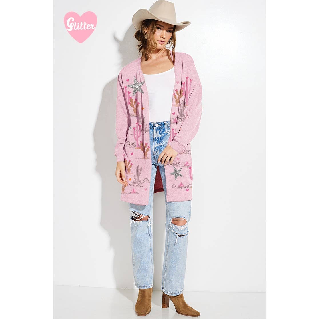 Phil Love – Großhandel Strickjacke – Damen – Wüstenkaktus Stern Glitzerprint Strickjacke2