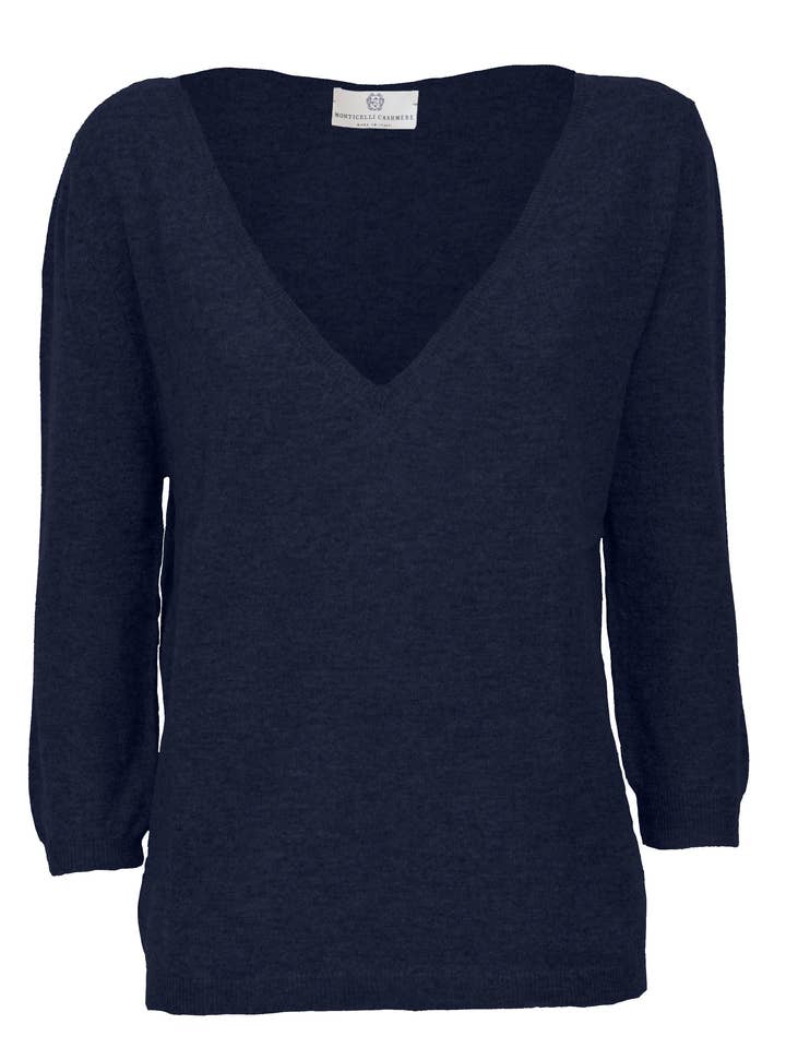 Women's Cashmere 3/4 Sleeve Wide V-Neck Jumper Night Blue for wholesale by Monticelli Cashmere