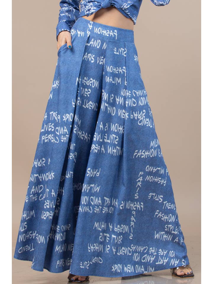 Blue P919-5174-Milano Graffiti Print Wide Leg Palazzo Pants for wholesale on Faire