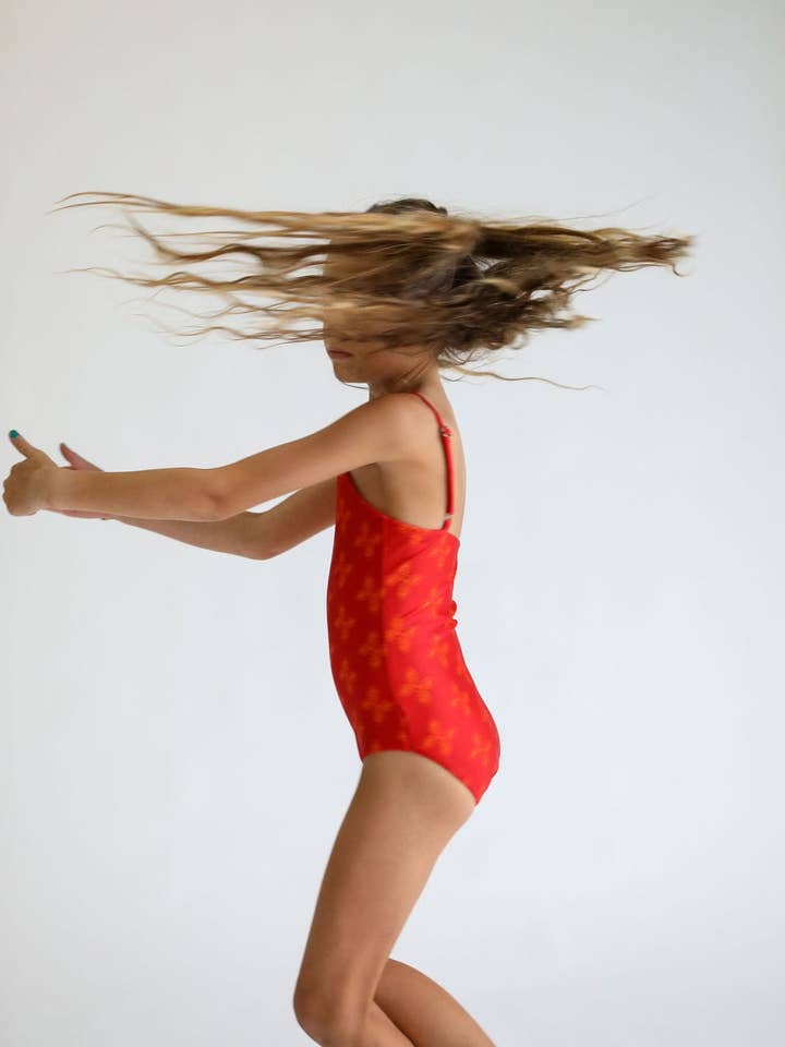 Girl's Strappy One Piece in Red Breadfruit Bandana for wholesale by Of One Sea