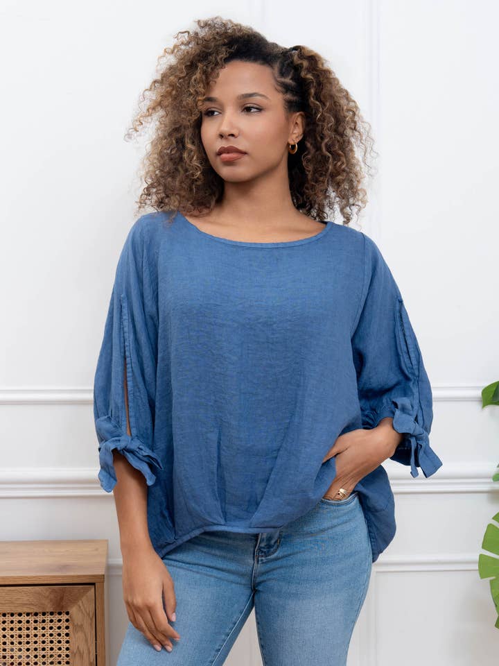 Happy look - Wholesale Blouse - Women's - Oversized Linen Top with Knotted Sleeves