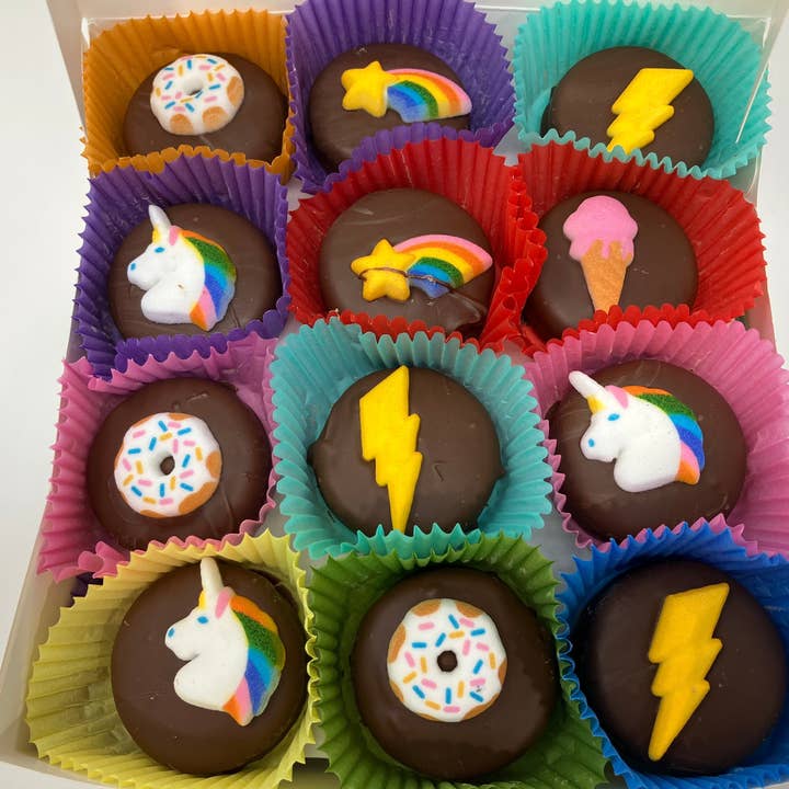 Rainbow Party, Unicorns, Stars Oreo's Box of 24 for wholesale by Bear Creek Candy Kitchen