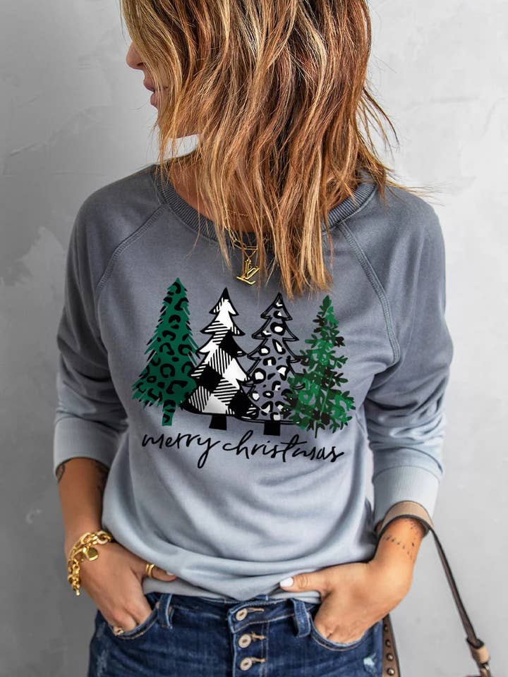 Gray Merry Christmas Tree Gradient Color Print Graphic Sweatshirt for wholesale by Suhkasana