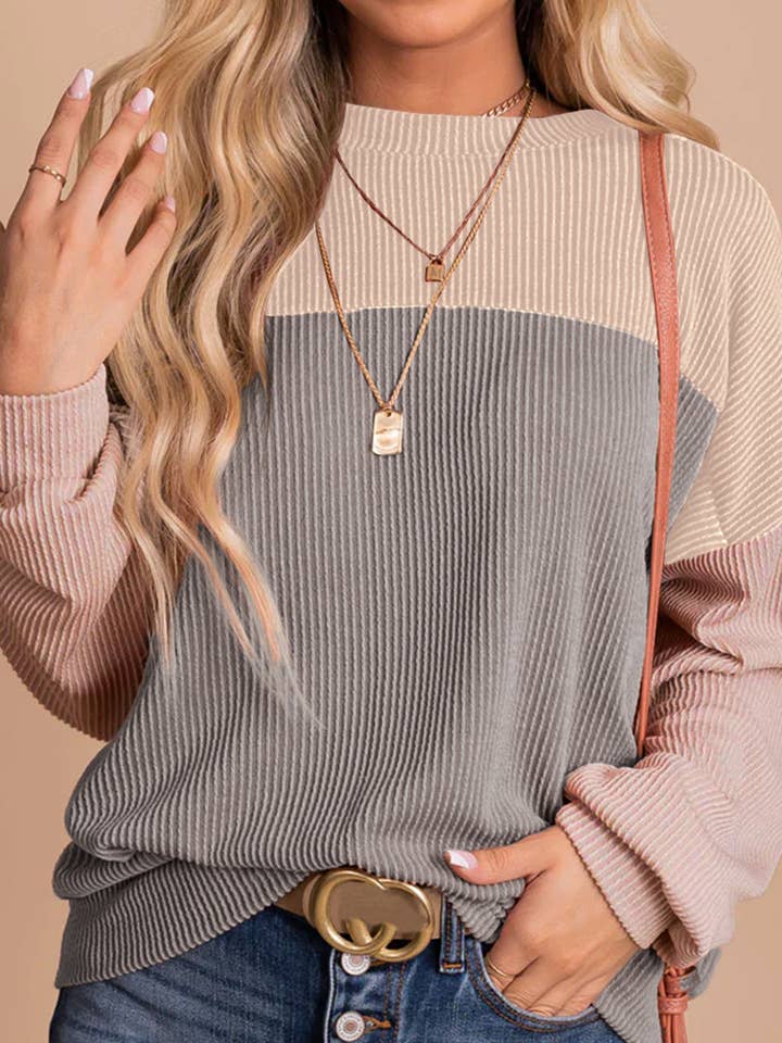 Lovesoft - Wholesale Knit Top - Women's - Khaki Block Long Sleeve Ribbed Loose Casual Top9