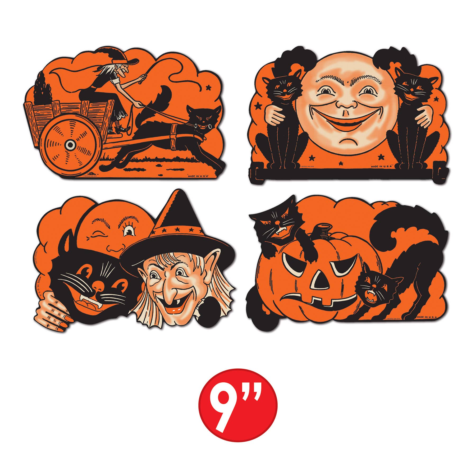Beistle - Wholesale Cutouts - 4 Vintage Halloween Cutouts, 9", printed on 2 sides1