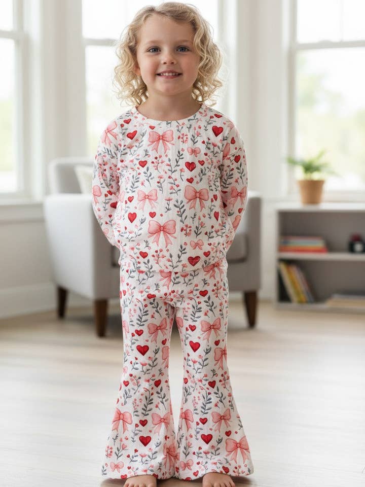 Kids Charm Online - Wholesale Sleepwear Set - Kids - Heart & bow printed girls 2 piece set. OFG52847 SOL4