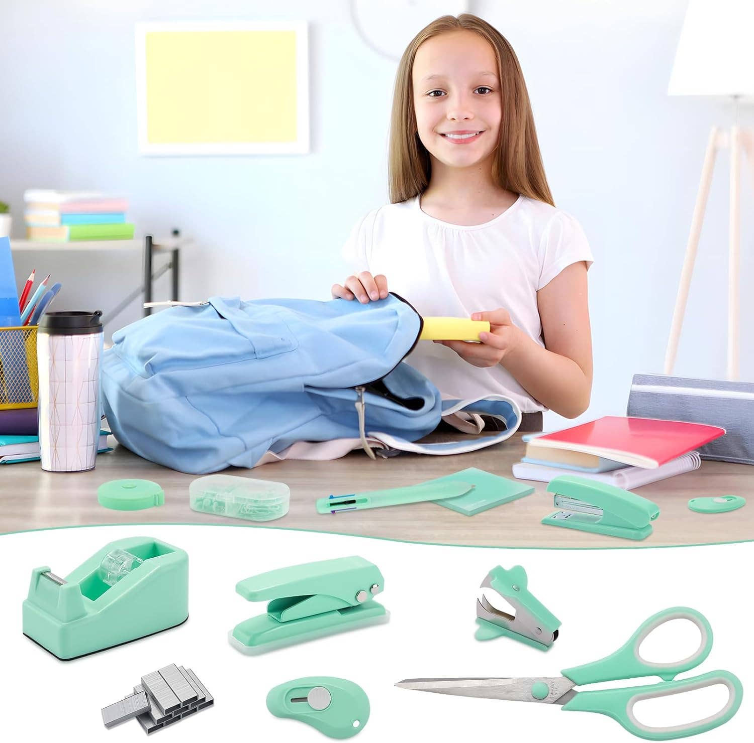 VIGOR - Vente Assortiment pour bureau - Kit d'accessoires de bureau mignons - Agrafeuse, perforatrice et fournitures de bureau6