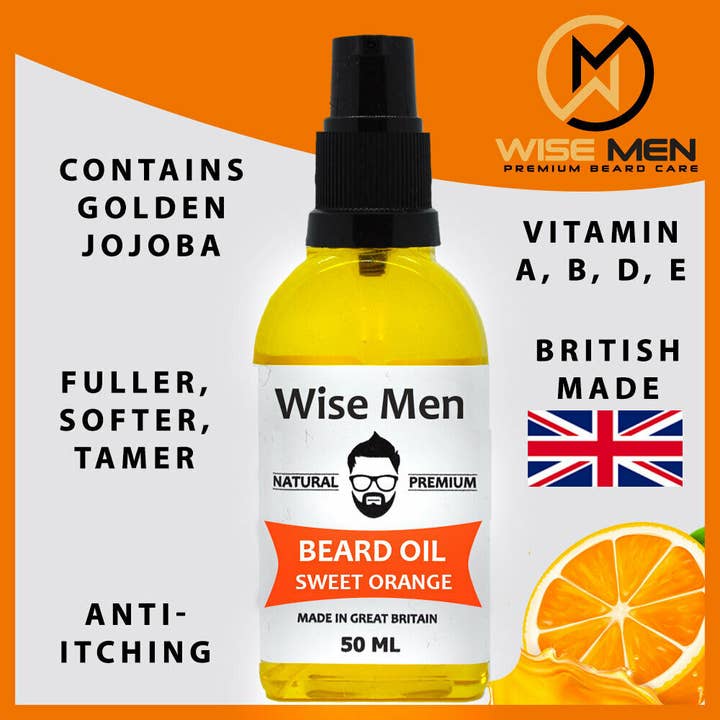 Skäggolja 50ml, Män skägg Styling Produkt, 7 dofter, UK Made för wholesale av Wise Men