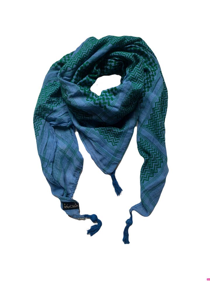 Kefiah Scarf - Azure Color with Emerald Green Embroidery. for wholesale by Emmy Alternative/Shak Chic