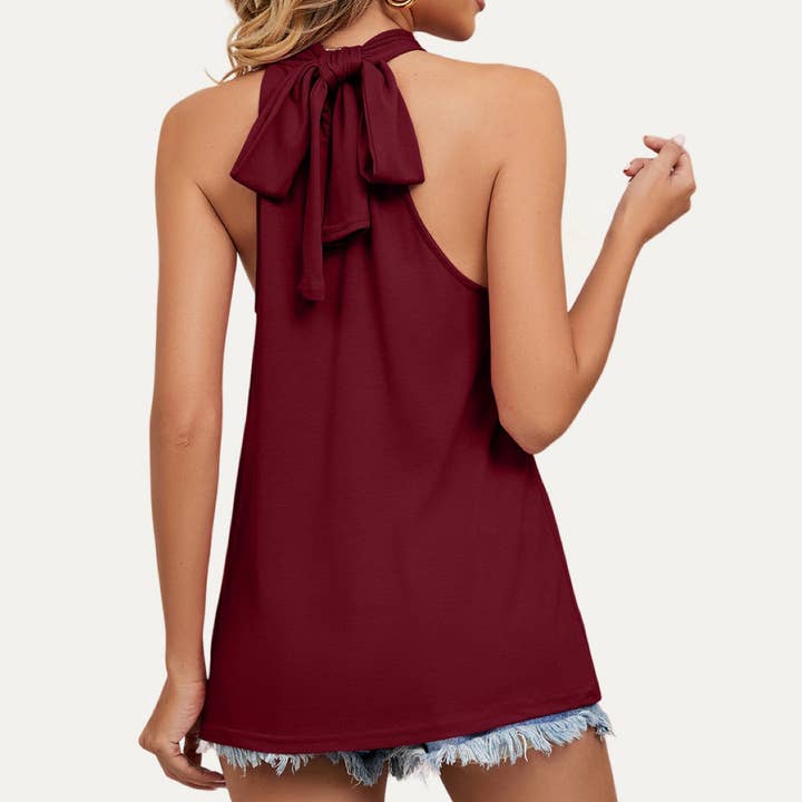 Trendy Solid Color Sleeveless Tie-Back Halter Top for wholesale by The Moment Collection