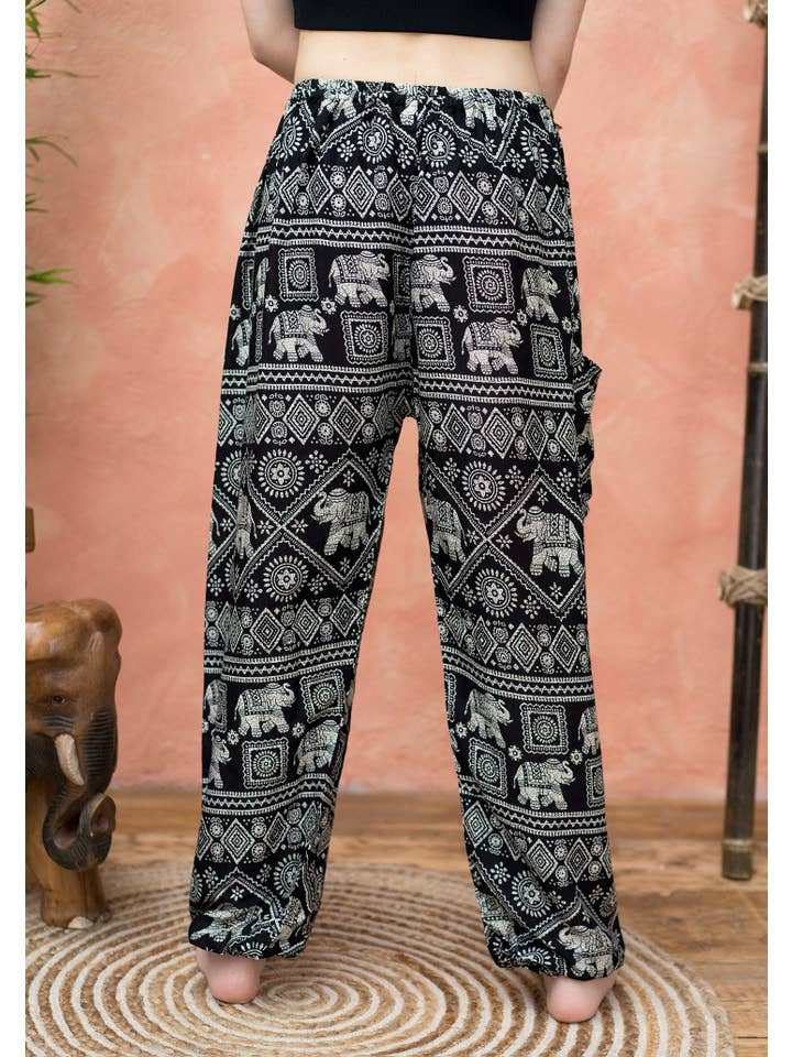 Namaste - Wholesale Pants - Women's - Black Freesize Elephant Print Harem Trouser