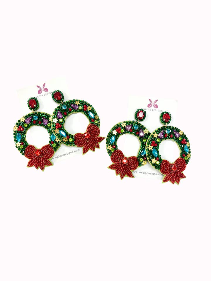 Christmas Wreath Beaded Earrings for wholesale by Valois Designs