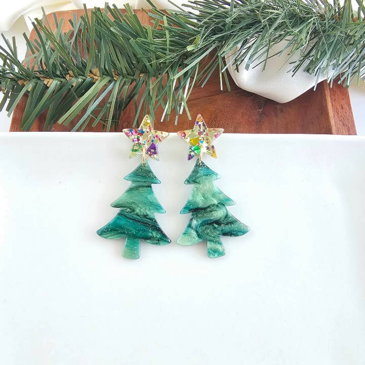 Ster Kerstboom Oorbellen - Groene Glans // Feestdagen, Sieraden voor wholesale door Spiffy & Splendid