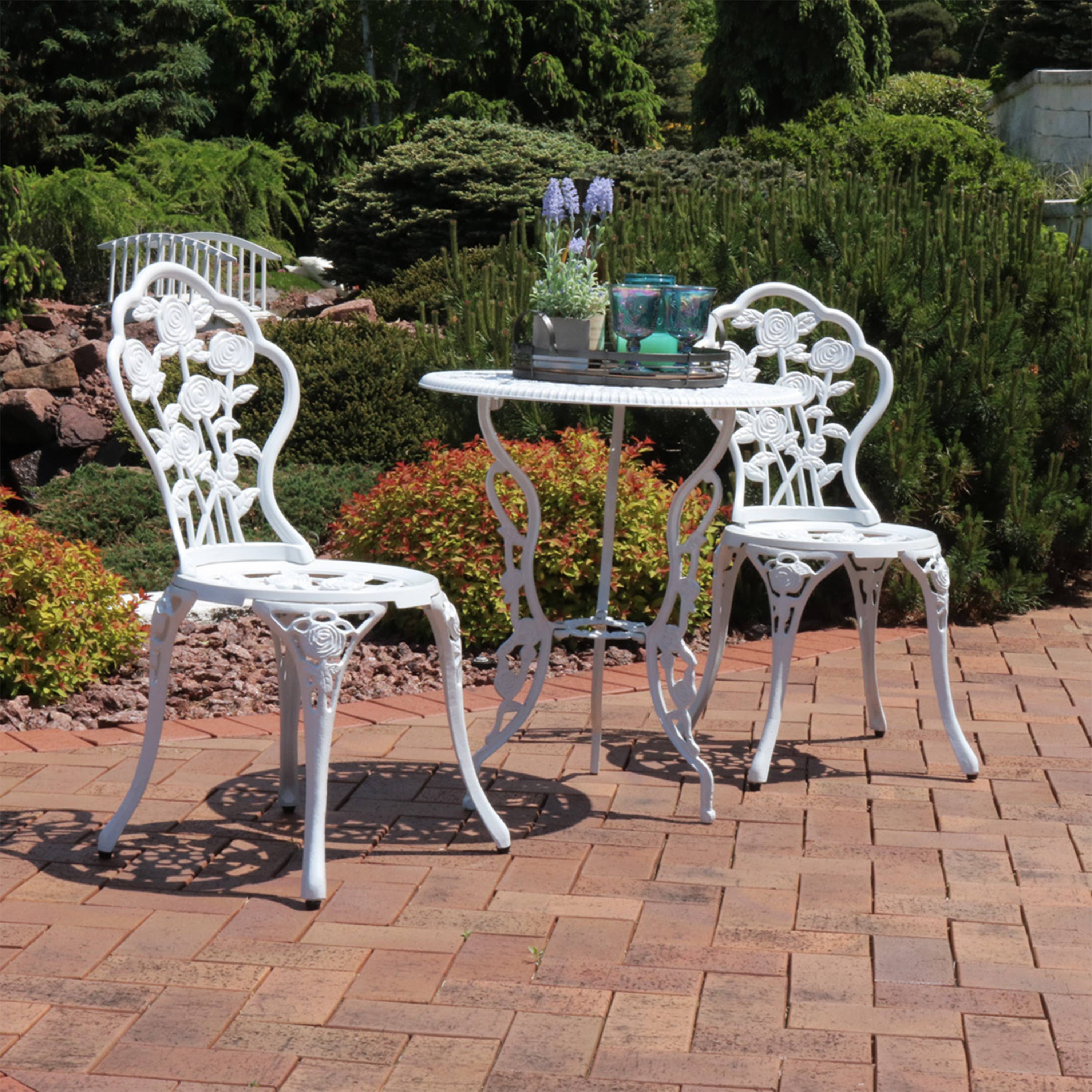 Sunnydaze Decor - Vente Salon de terrasse - Ensemble de 3 pièces pour bistrot de patio en aluminium moulé Flower Design, blanc4