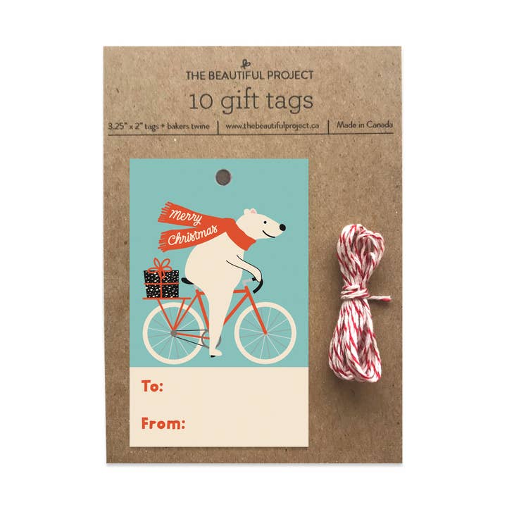 Polar Bear Bike Holiday Christmas Winter Gift Tags Set of 10 for wholesale by The Beautiful Project