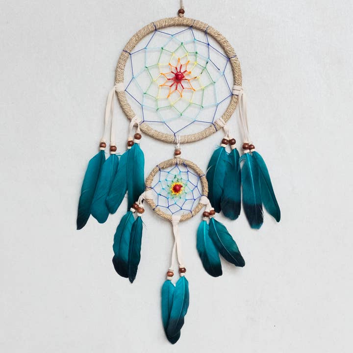 Bali Harvest - Vendita all'ingrosso Acchiappasogni - Acchiappasogni Dreamcatcher da appendere alla parete (Double Web Teal)