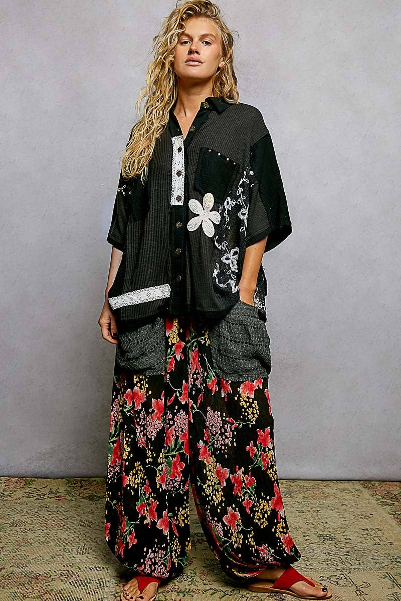 Pol Clothing - Wholesale Button Down Shirt - Women's - Collared Studded Button-down Short Sleeve Knit Shirt Top3