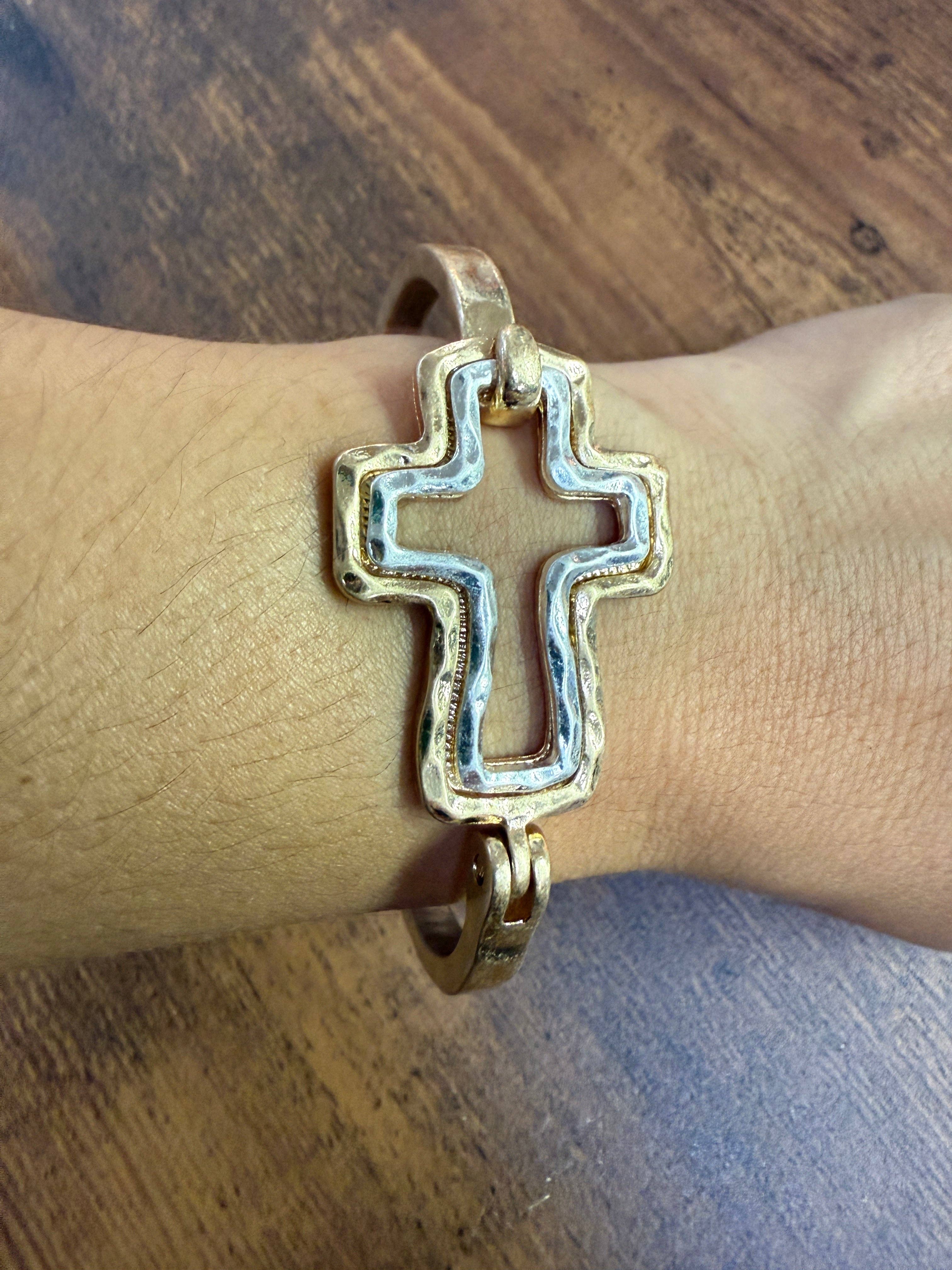 Paco Designs - Wholesale Cuff Bracelet - Beautiful Mixed Metal Cross Cuff Bracelet Gold OR Silver9