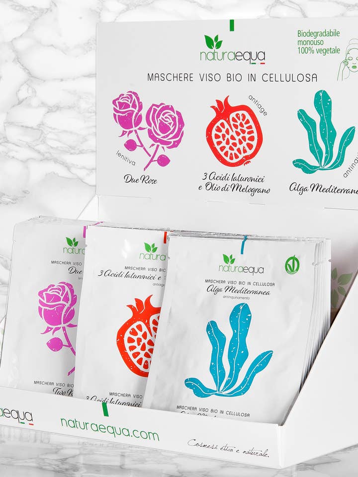 Espositore maschere viso bio in cellulosa per la vendita all'ingrosso da parte di NaturaEqua