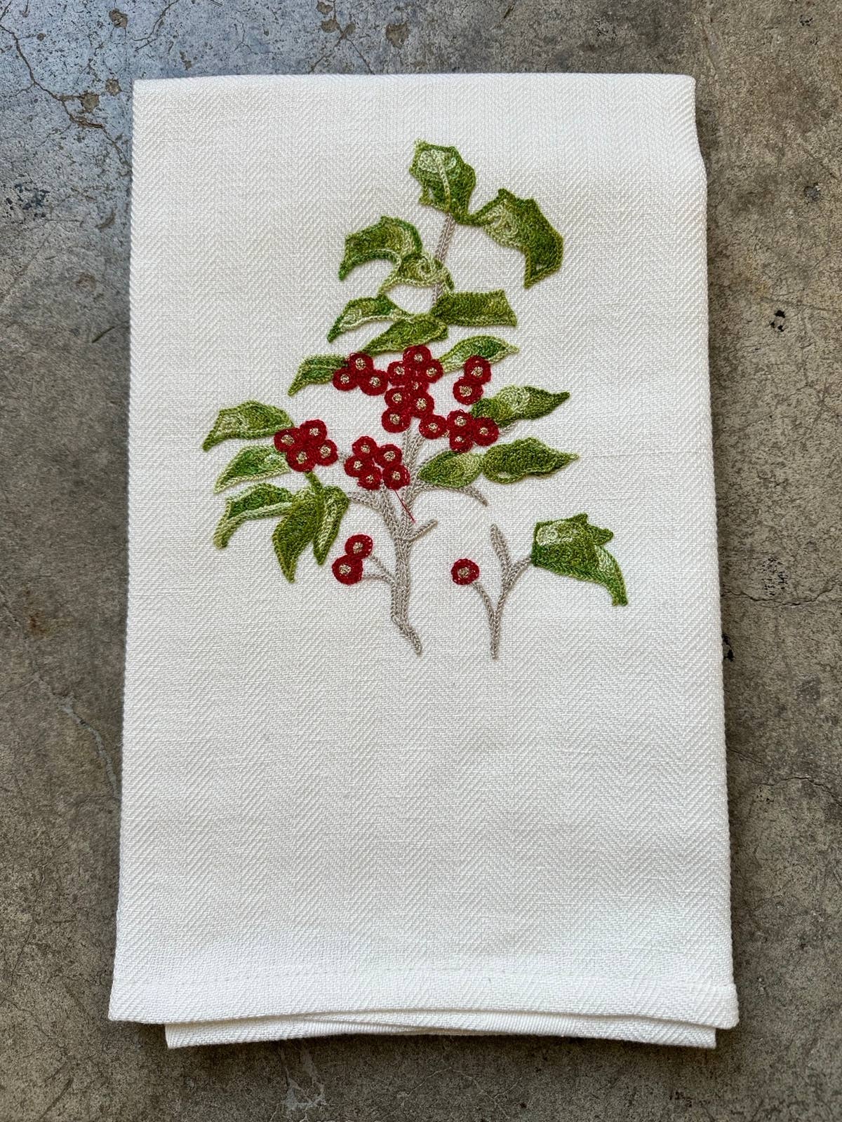 White HOLLY - EMBROIDERED TEA TOWEL WITH TWO STRAWBERRIES for wholesale on Faire1