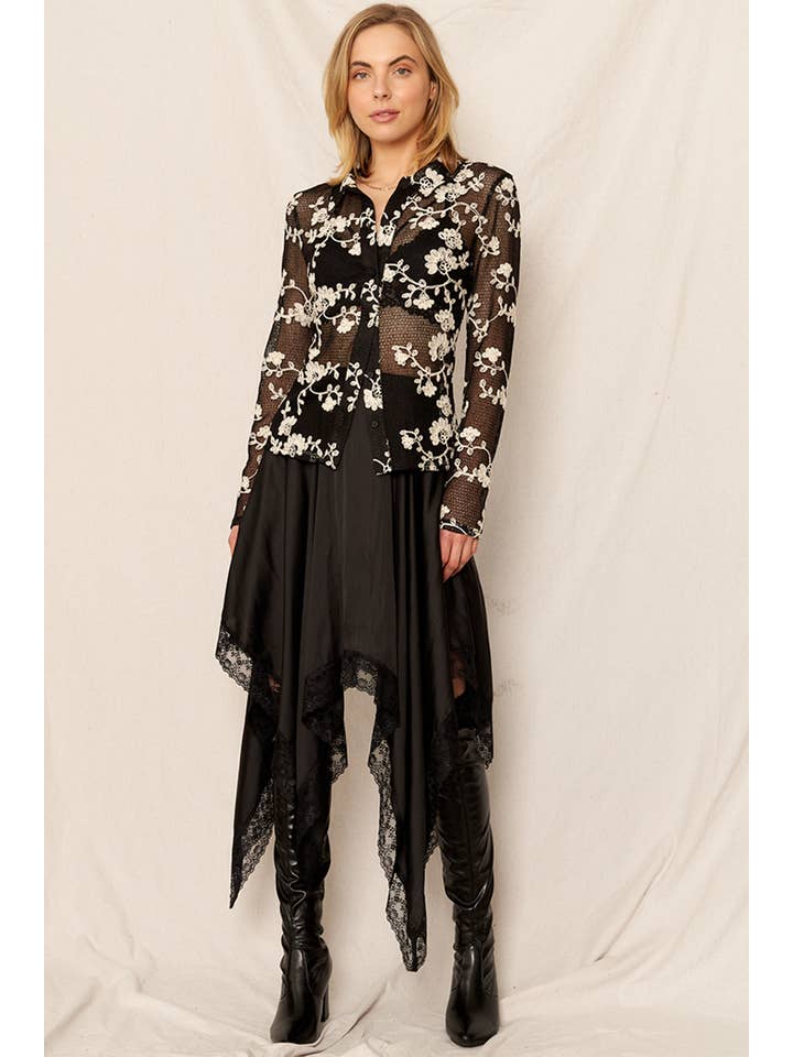 Black Uneven Hem Lace Trim Midi Skirt for wholesale on Faire