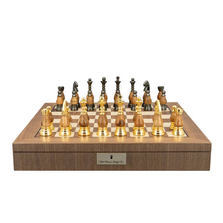 Staunton Metal & Wood Gold 100mm Chessmen, Walnut Inlaid Box for wholesale by Dal Rossi Italy