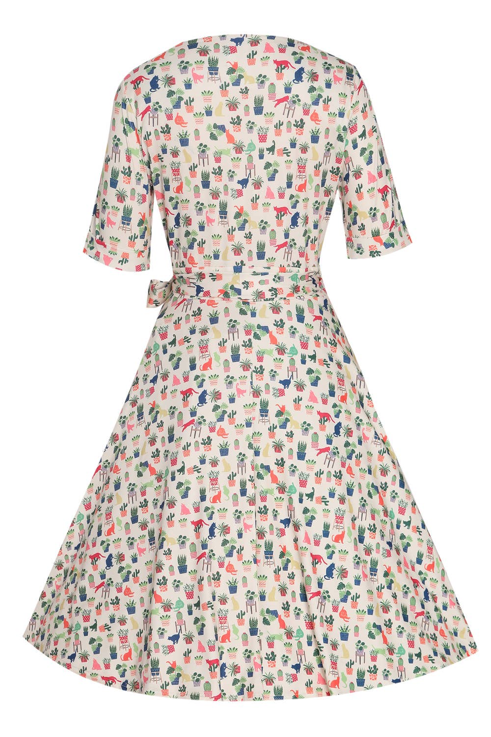 Dolly & Dotty - Vente Robe – femme - Robe portefeuille vintage inspirée des chats et des plantes en tricot crème Matilda2