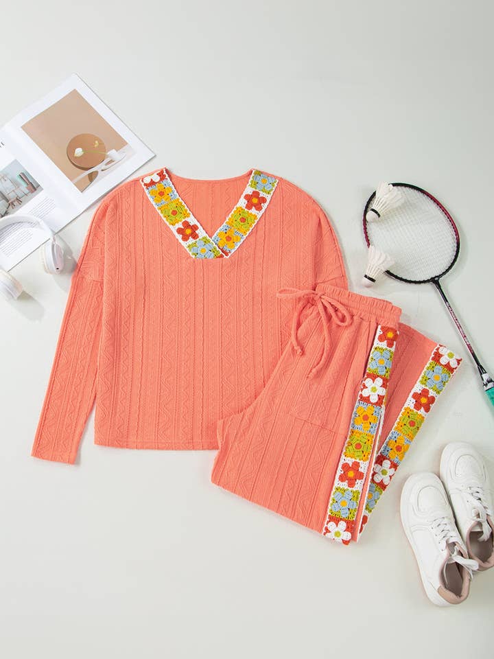 Grapefruit Orange Crochet Floral Accent V Neck Textured Pants Set for wholesale by Sweet Lover Fashion