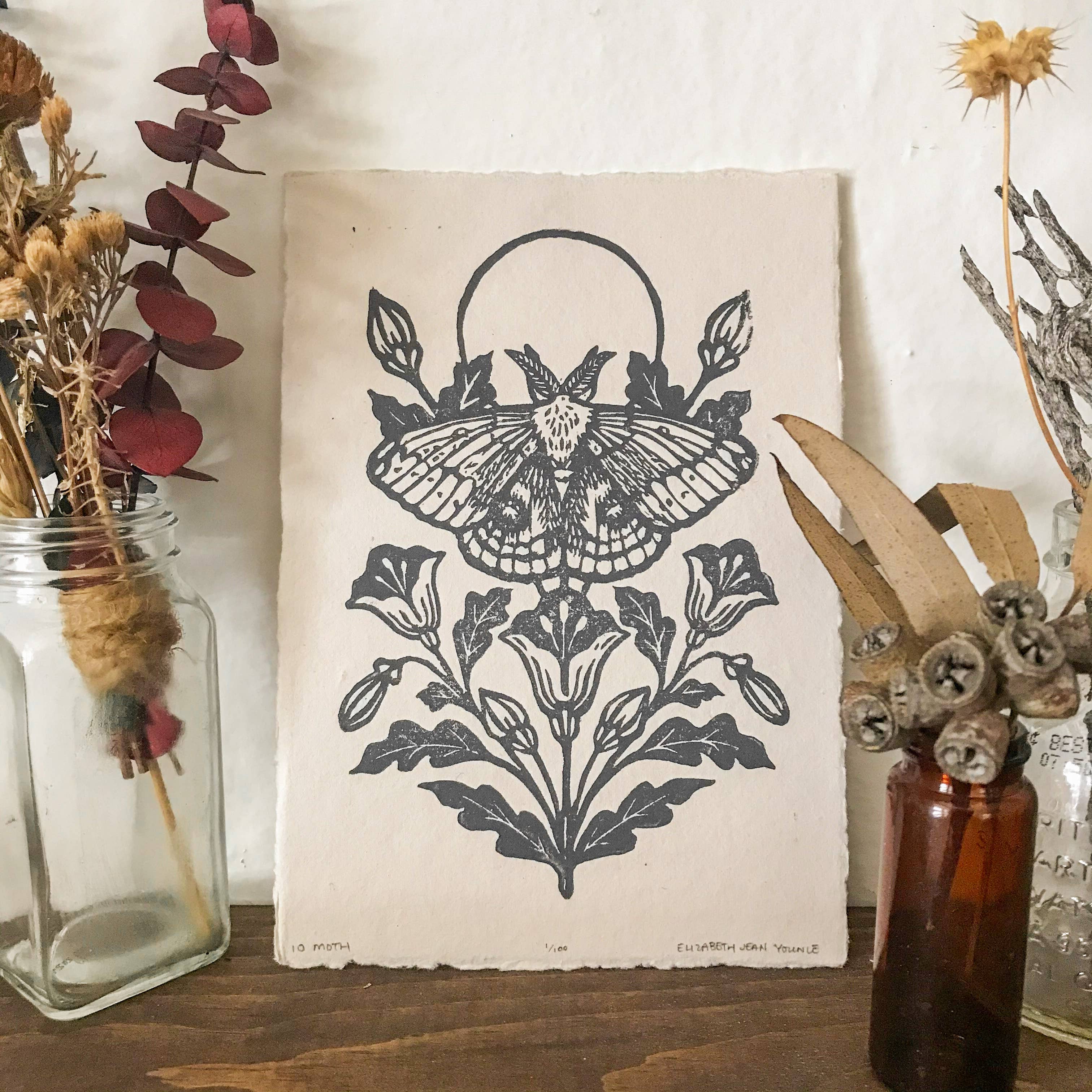 Mustard Beetle - Wholesale Art Print - IO Moth & Poppies Handprinted Linocut on Handmade Paper 5x7"9