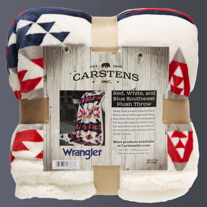 Carstens, Inc. - Wholesale Throw Blanket - Wrangler® Red, White, and Blue Southwest Plush Sherpa Throw