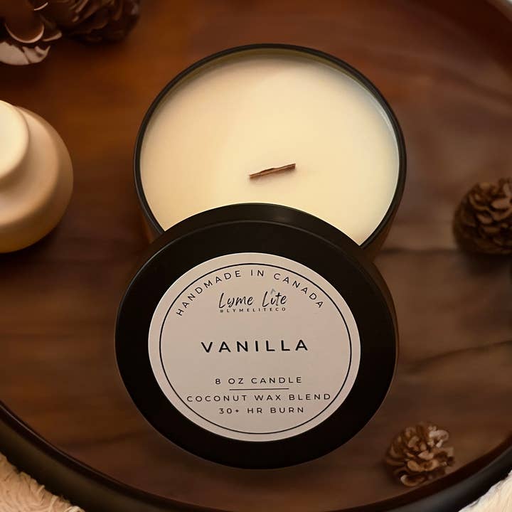 Vela de mezcla de cera de coco con vainilla francesa, lata de 8 onzas para venta al por mayor de Lymeliteco