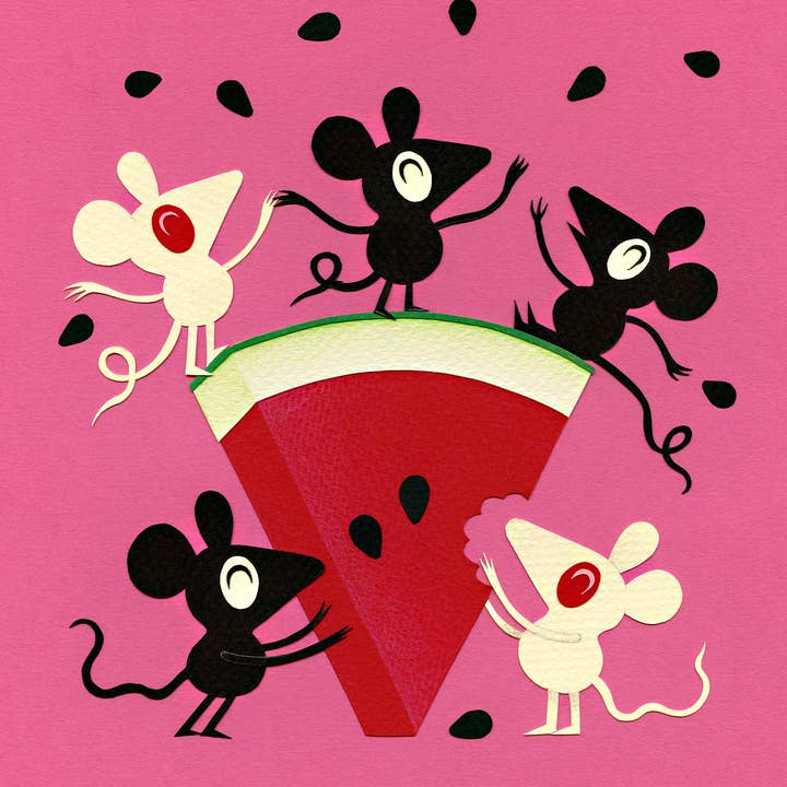 The Watermelon Mice 8x10" Art Print for wholesale by Lea Zalinskis Illustration