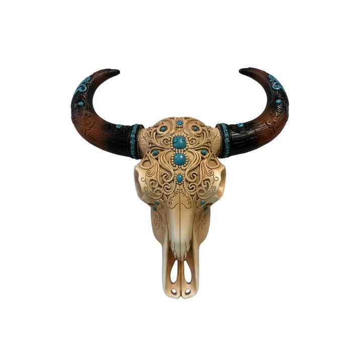 Western Ornate Longhorn Cow Bull Skull Hanging Wall Décor for wholesale by De Leon Collections