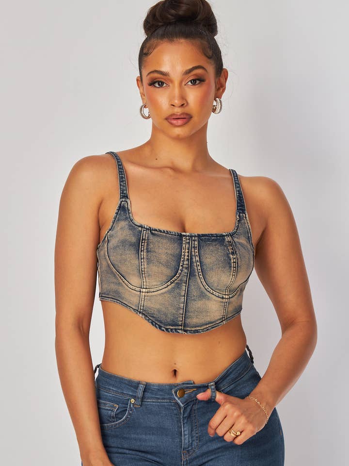 Niemand Like You Grunge Wash Crop Bustier Top aus Denim HDT31747 für den Großhandel von Hot & Delicious
