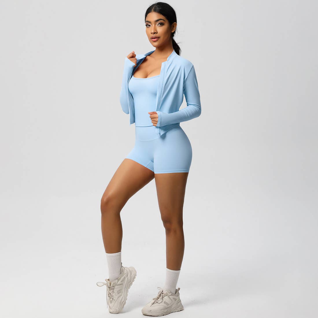 Sodalemon – Conjunto de desporto – Mulher por atacado – Conjunto feminino de yoga justo: top esportivo com interior escovado, jaqueta com zíper e shorts11