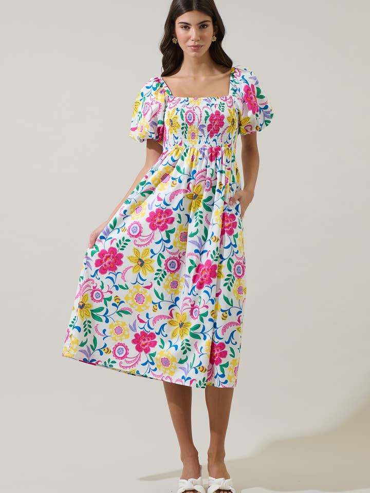 Vestido Midi Maray com Flores e Fumê da Kress por atacado de Sugarlips