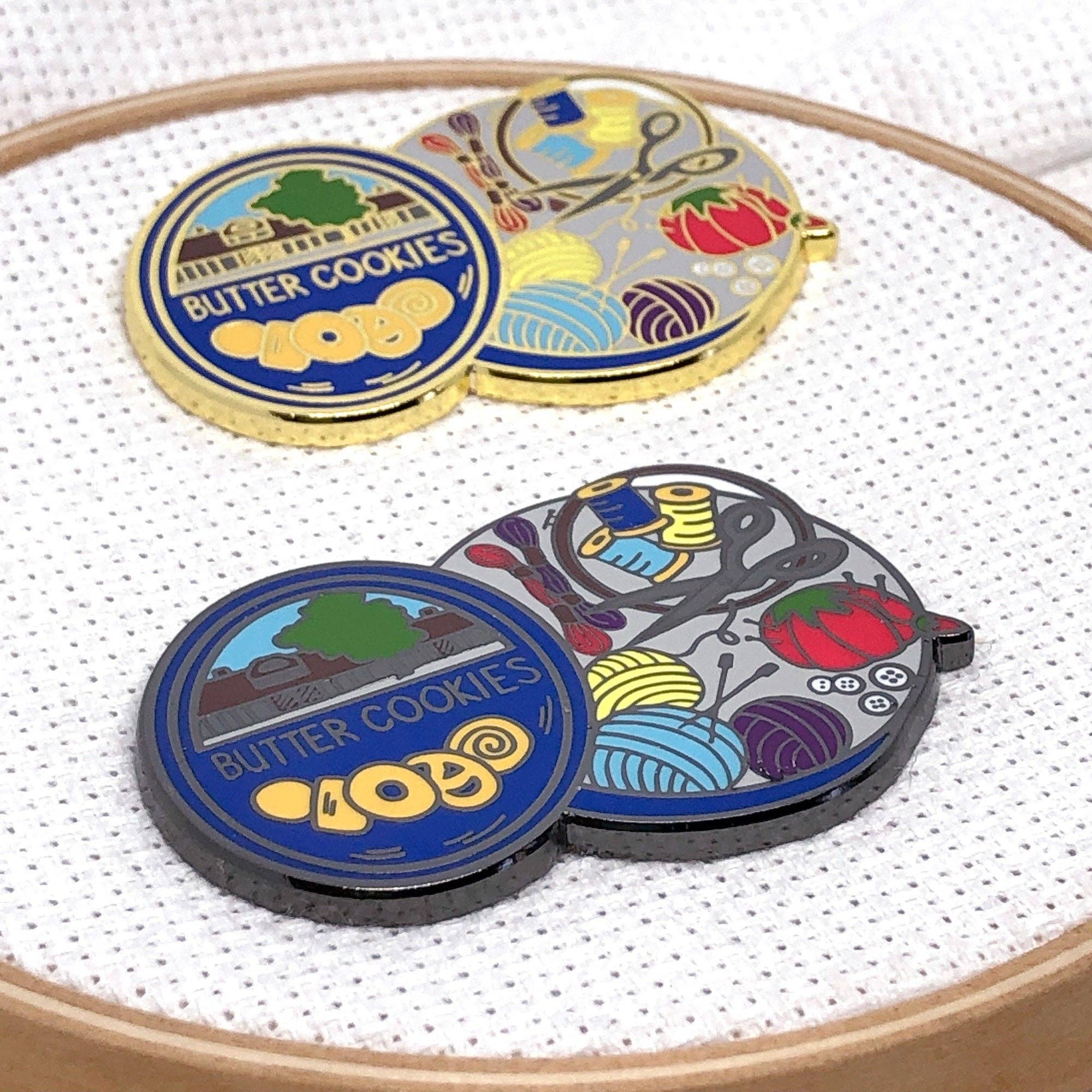 Snarky Crafter Designs – wholesale Knitting/Crochet Supplies – Cookie Tin Full of Sewing Notions Hard Enamel Magnetic Needle Minder2