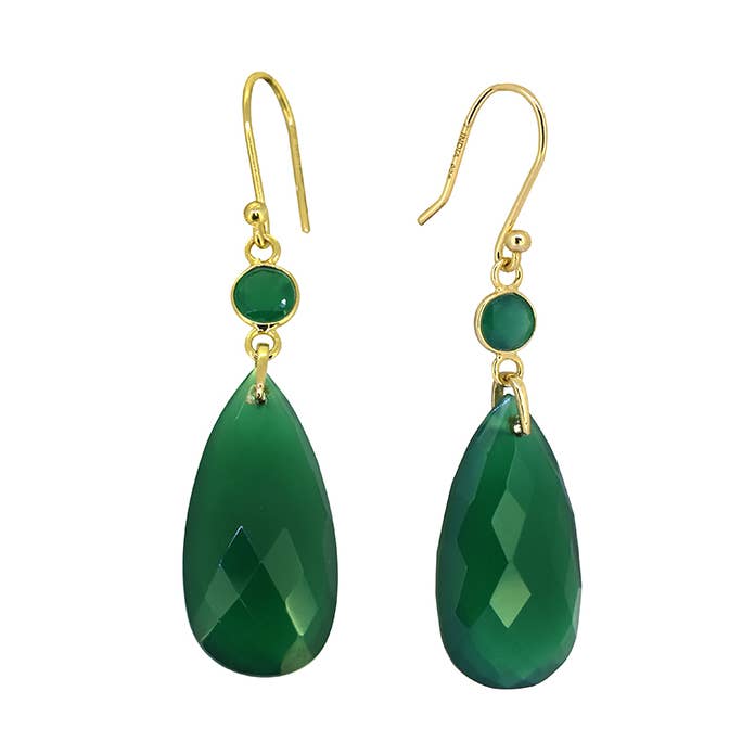 Gold Plated 925 Silver Green Onyx Dangle Earwire Earring for wholesale by Tiramisu