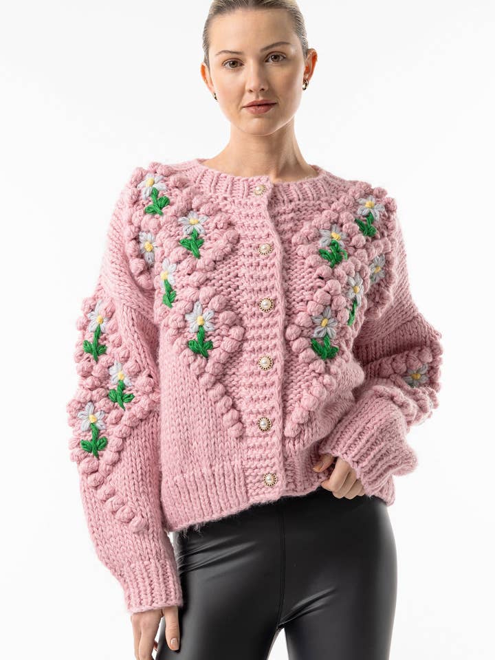 Rosa Rosa tjock blommig stickad kofta för wholesale på Faire