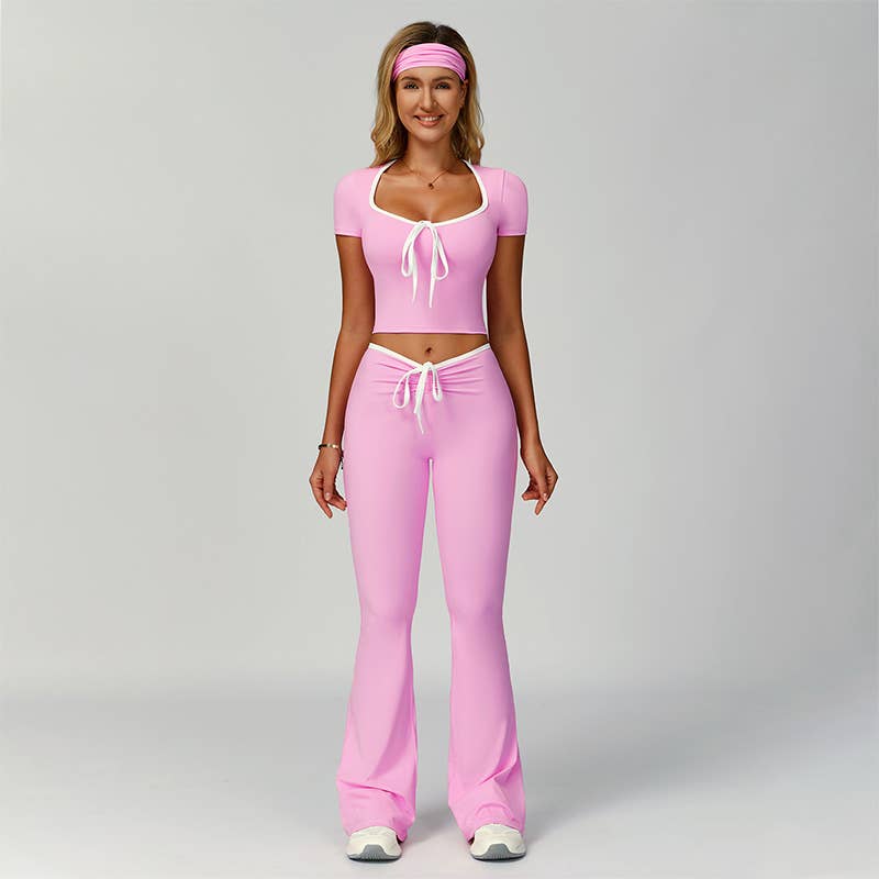 WONDERXFANS – wholesale Träningskläder – Dam – Kortärmad topp + pannband + utsvängda byxor 3-delars set6