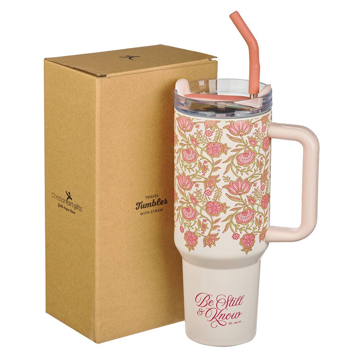 Christian Art Gifts - Wholesale Insulated Mug/Tumbler - Tumbler w/straw SS Pink Be Still Ps. 46:102