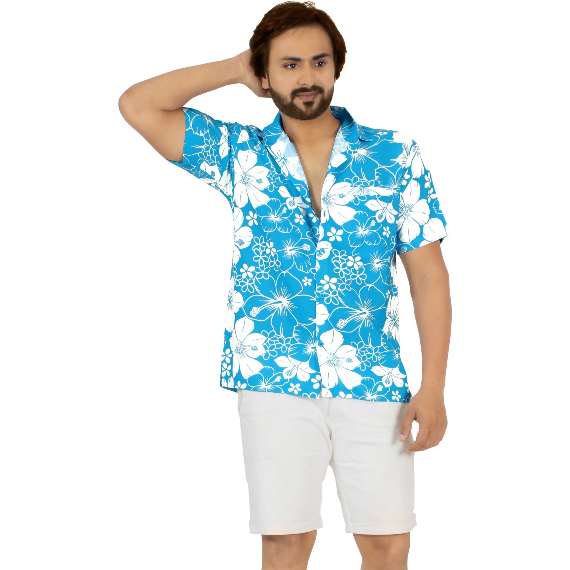Teal Blue Hibiscus Floral Beach Hawaiian Shirt Men P00021 for wholesale on Faire6